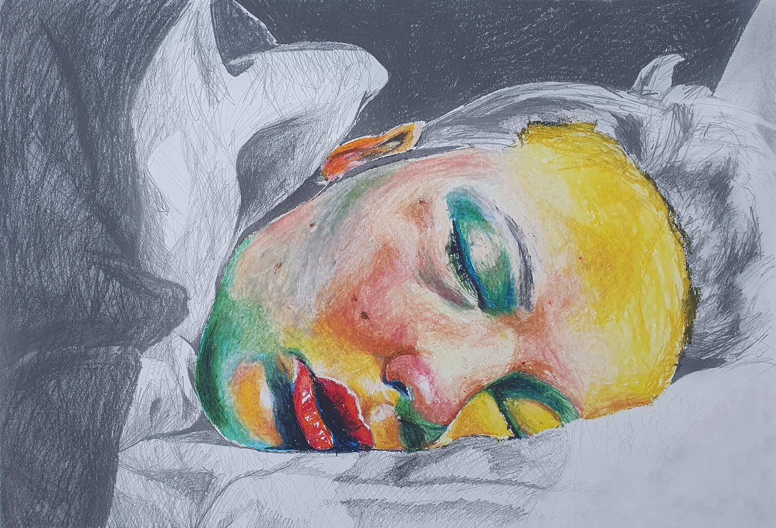 sleepers - frosty dreams in Kilpisjärvi - pencil and oil pastel on paper - 59x42cm - 2015